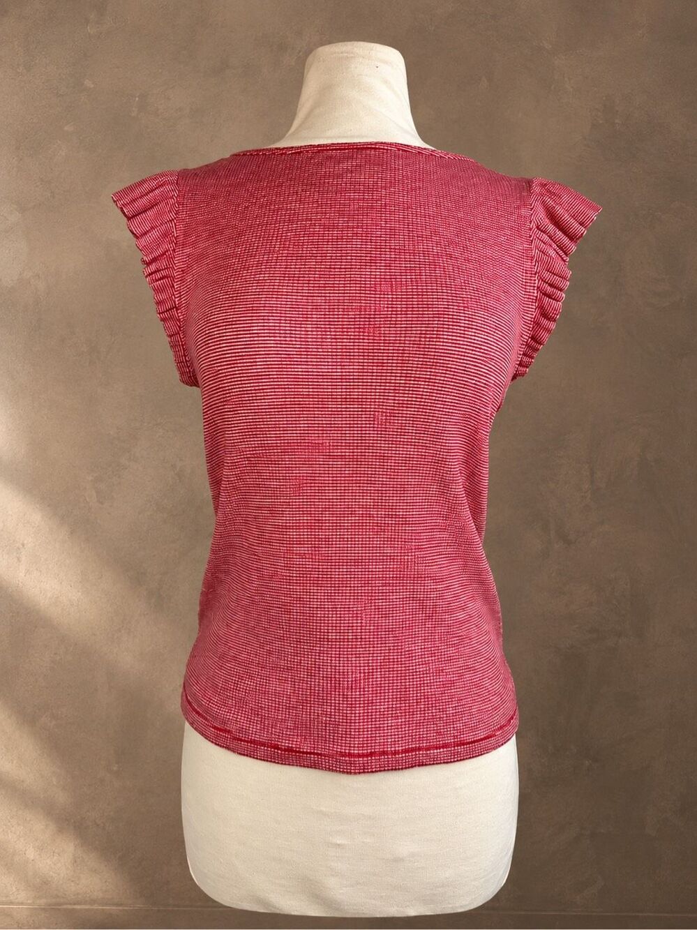 J.Crew Size M Vintage Rib Ruffle Boatneck Tank Top Red White Stripe